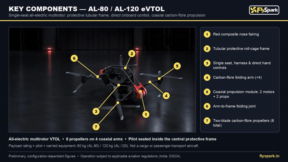FlySpark AL-80 / AL-120 Single-Seat eVTOL Aircraft | Electric VTOL Personal Aerial Vehicle, Foldable Manned Multirotor, 80/120kg Pilot Load, 50–60km/h Cruise, 90km/h Max, 10–15min Mission & Direct Onboard Control — view 13