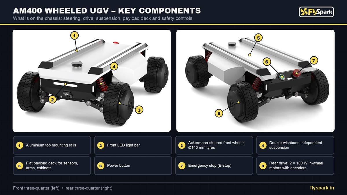 FlySpark AM400 Ackermann Steering Robot Chassis | Wheeled UGV, ROS Robot Car, 20kg Payload, 40km Range, 6.5km/h, Drive-by-Wire & CAN 2.0B ROS1/ROS2 SDK — view 12