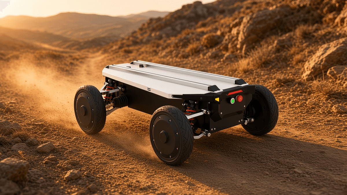 FlySpark AM600 Ackermann-Steering Wheeled UGV Robot Chassis | 50kg Payload, 9.7km/h, 60km Range, Independent Suspension, IP44 & CAN 2.0B ROS1/ROS2 SDK — view 2