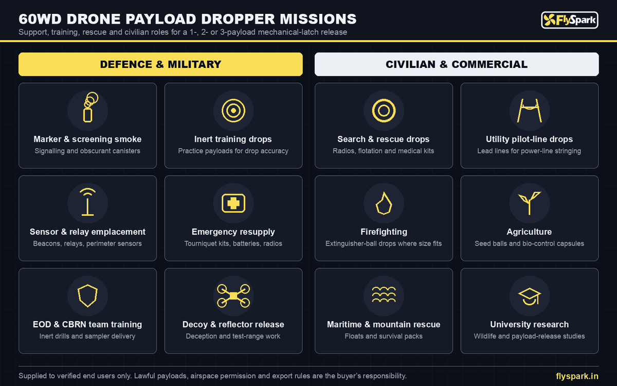FlySpark 60WD Series Drone Payload Dropper | Mechanical-Latch Release for 1, 2 or 3 Ø60 mm-Class Payloads, CRSF, 7–28 V, TPU Damping, Carbon-Fibre Base & Dual-Latch MAX — view 19