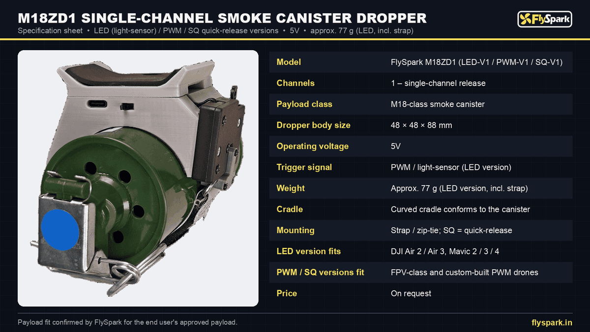 FlySpark M18ZD1 Single-Channel Drone Smoke Canister Dropper | M18-Class Canister, 48×48×88mm, 5V, PWM / Light-Sensor Trigger, DJI Air & Mavic & Quick-Release Versions — view 13