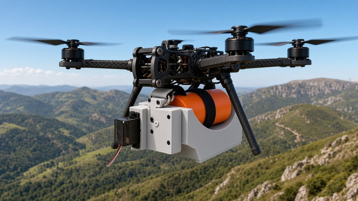 FlySpark ZD1PLUS Single-Channel Drone Payload Dropper | Ø60 mm-Class Cylindrical Payload Cradle, 79×65×50 mm, Approx. 65 g, 5 V PWM Servo Latch & Quick-Release Option — view 6
