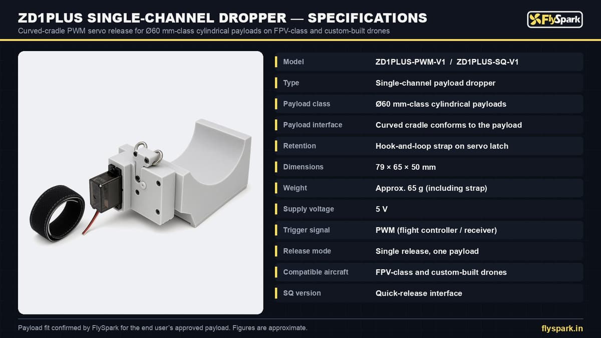 FlySpark ZD1PLUS Single-Channel Drone Payload Dropper | Ø60 mm-Class Cylindrical Payload Cradle, 79×65×50 mm, Approx. 65 g, 5 V PWM Servo Latch & Quick-Release Option — view 13