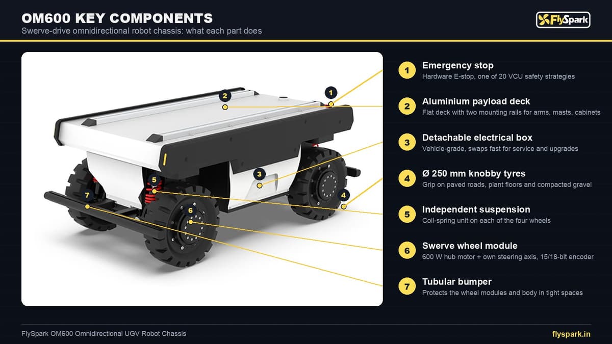 FlySpark OM600 Omnidirectional Robot Chassis – Swerve Drive UGV | 250kg Payload, 4WD/4WS, 40km Range, Zero-Turn & Crab Moving, IP44 & CAN 2.0B ROS1/ROS2 SDK — view 12