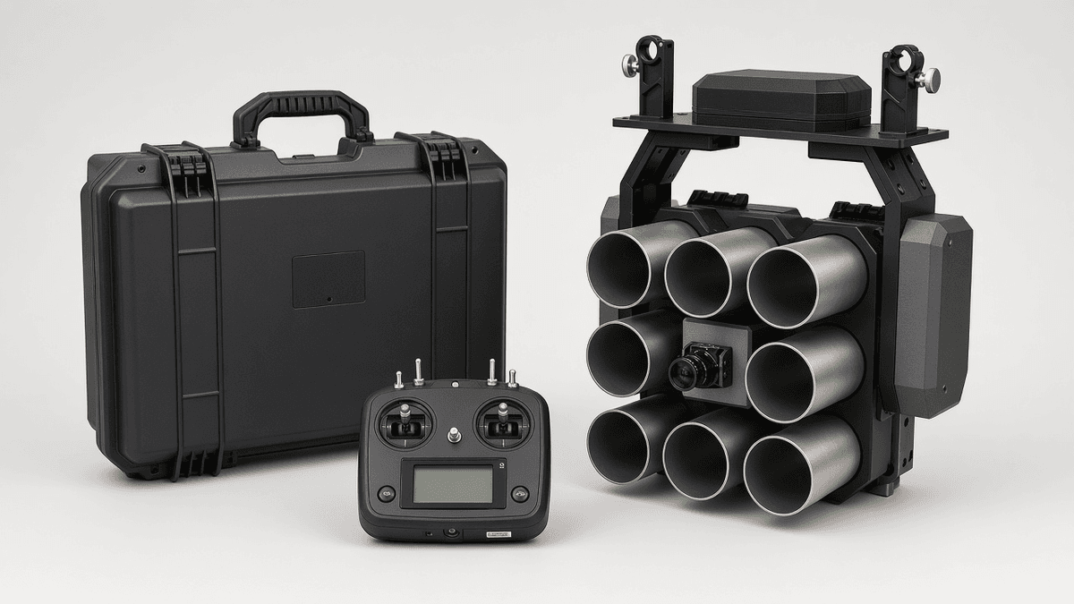 FlySpark 8-Tube Drone Tear Gas Launcher, Less-Lethal Police Drone Payload | 38mm, 8 Cartridges, Electric Firing, 800m PWM Release, DC 12–28V & 3.85kg Quick-Release Mount — view 7