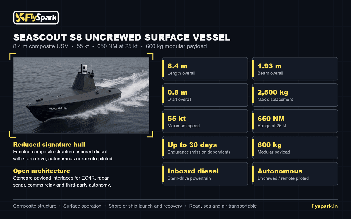 FlySpark SeaScout S8 Uncrewed Surface Vessel (USV) for Maritime Surveillance | 8.4m Low-Signature Hull, 55kt, 650NM Range, 30-Day Endurance, 600kg Payload & Open Autonomy — view 10