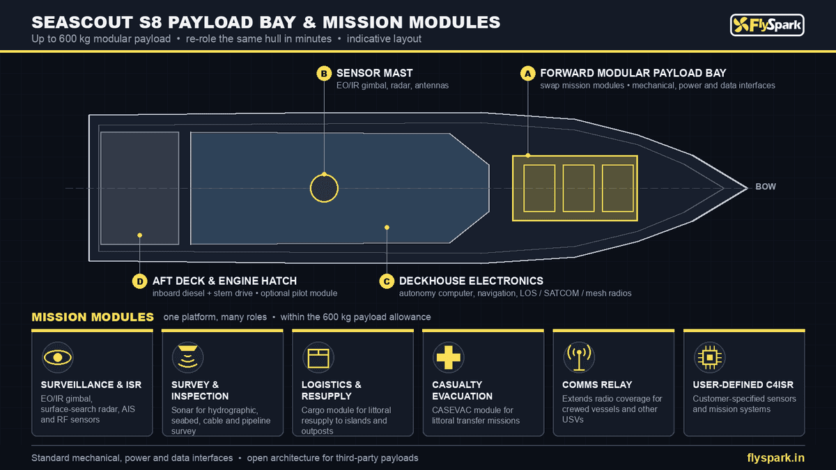 FlySpark SeaScout S8 Uncrewed Surface Vessel (USV) for Maritime Surveillance | 8.4m Low-Signature Hull, 55kt, 650NM Range, 30-Day Endurance, 600kg Payload & Open Autonomy — view 15