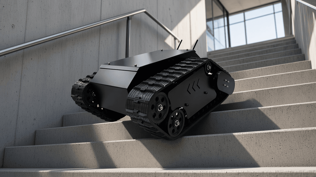 FlySpark TK1000 Stair-Climbing Robot Tank Chassis – Tracked UGV Platform | 100kg Payload, 40° Climb, 180mm Obstacles, 4h Endurance, IP65, 2×1000W Brushless & Serial/CAN — view 2