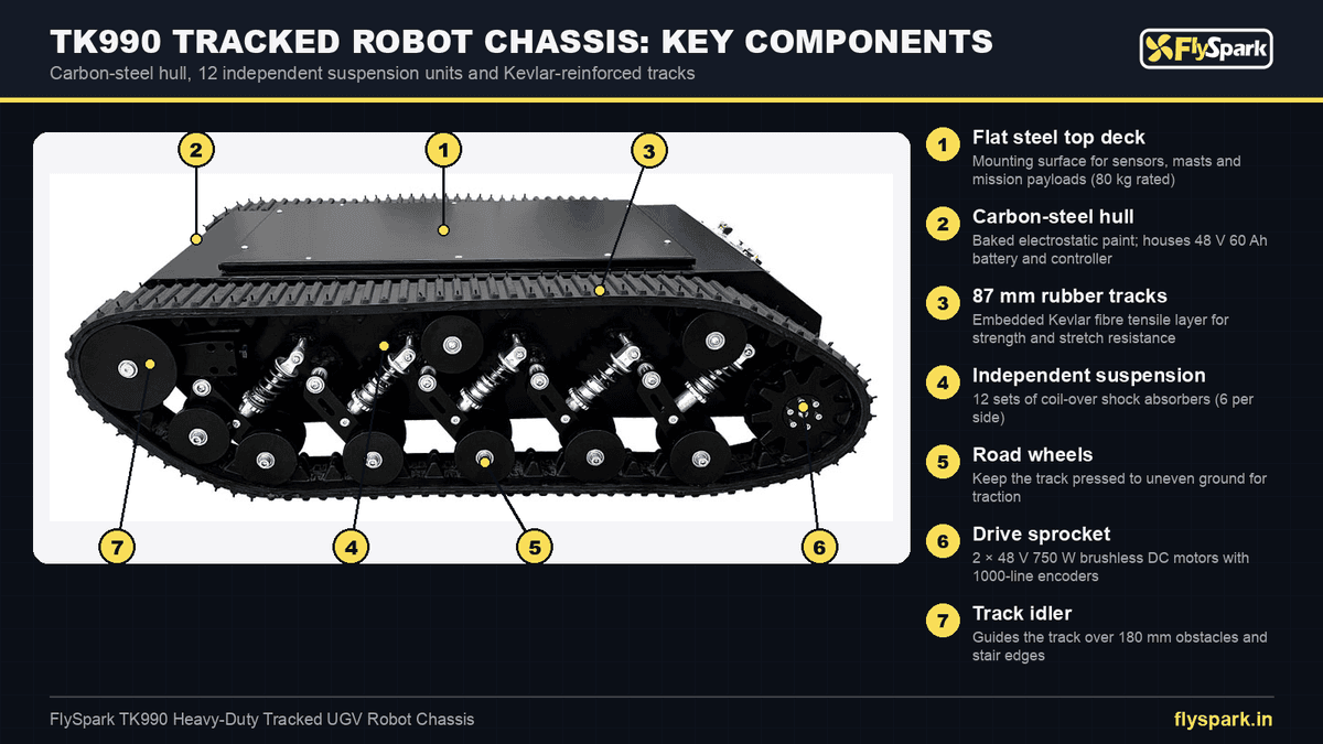FlySpark TK990 Stair-Climbing Heavy-Duty Tracked UGV Robot Chassis | 80kg Payload, 4h Endurance, 35° Climb, 180mm Obstacles, 200mm Fording & Serial/CAN — view 9