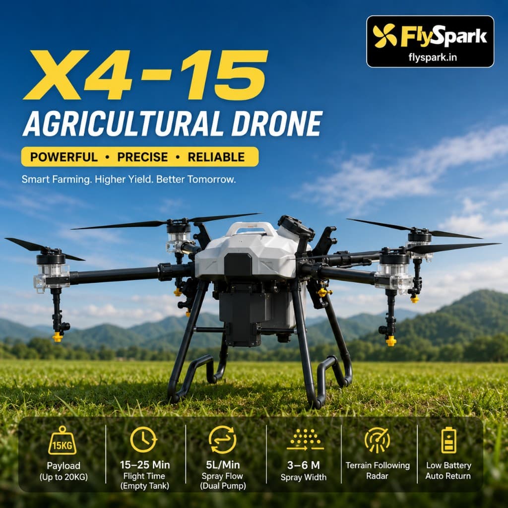 FlySpark X4-15 Agriculture Spraying UAV | 15L Crop Spraying Drone with GPS / RTK Options, 25L Spreader Support, 12S Battery, 3-6m Spray Width & Obstacle Avoidance