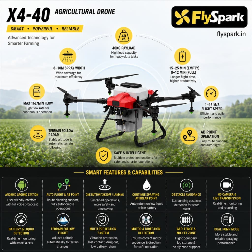 FlySpark X4-40 Agriculture Spraying UAV | 40L Crop Spraying Drone with GPS / RTK Options, 18S Battery, 8-10m Spray Width & Obstacle Avoidance — view 5
