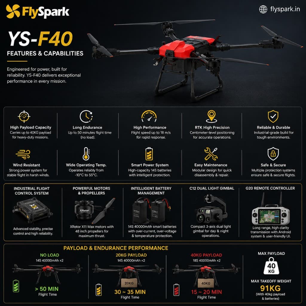 FlySpark YS-F40 Heavy-Lift Transport UAV | 10kg-40kg Payload Cargo Drone with RTK, X11 Max Power System, C12 Dual-Light Gimbal & G20 Remote Controller — view 6
