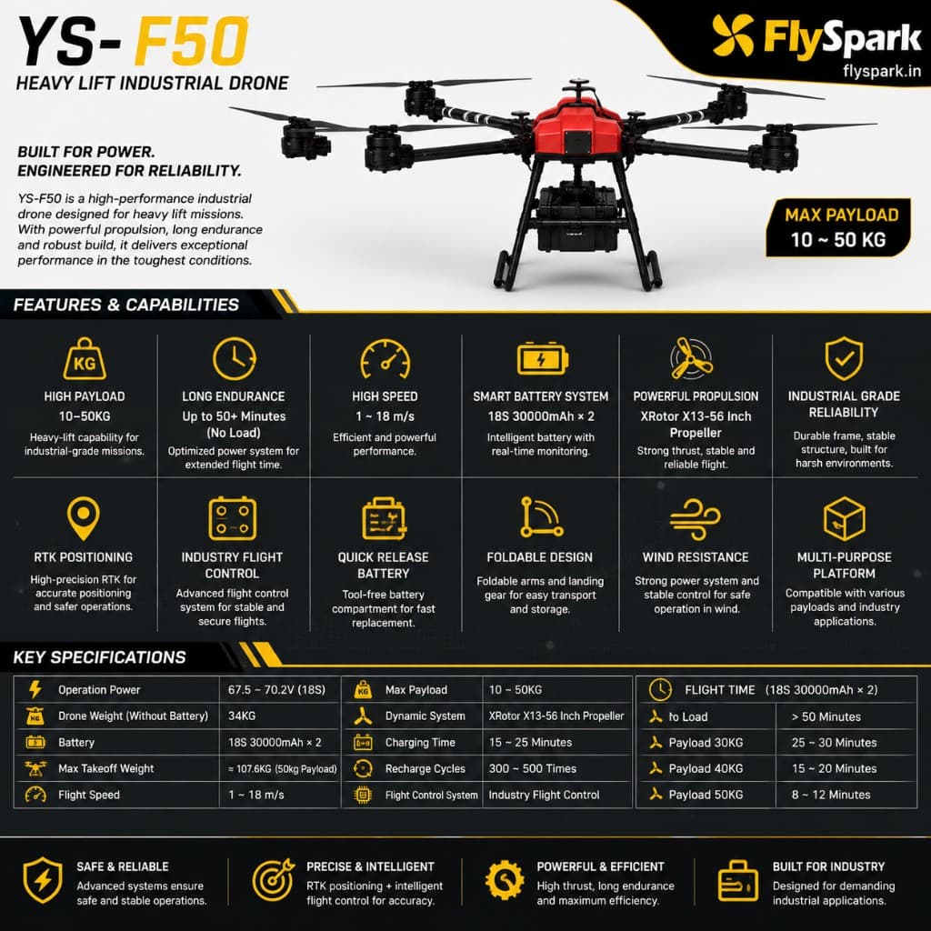 FlySpark YS-F50 Heavy-Lift Transport UAV | 30kg-50kg Payload Cargo Drone with RTK, C12 Dual-Light Gimbal & G20 Remote Controller — view 5