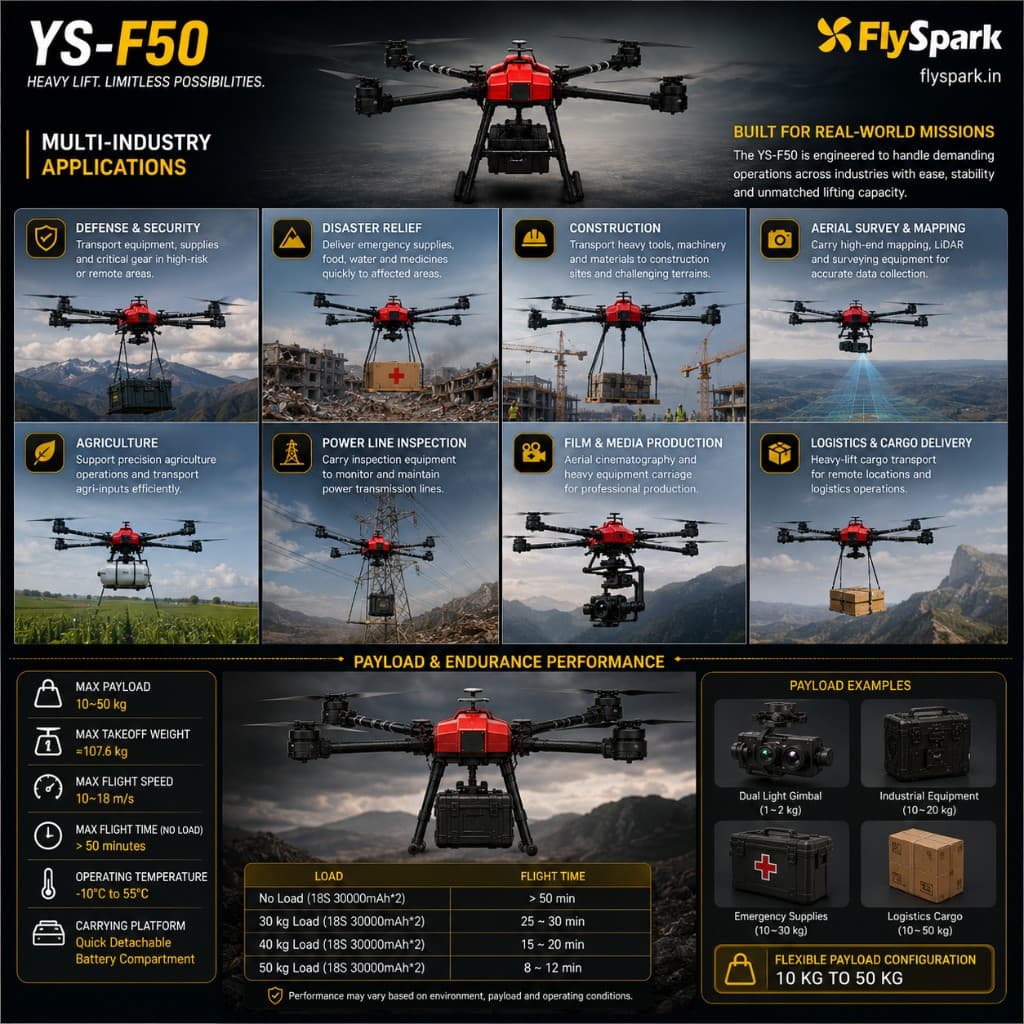 FlySpark YS-F50 Heavy-Lift Transport UAV | 30kg-50kg Payload Cargo Drone with RTK, C12 Dual-Light Gimbal & G20 Remote Controller — view 6