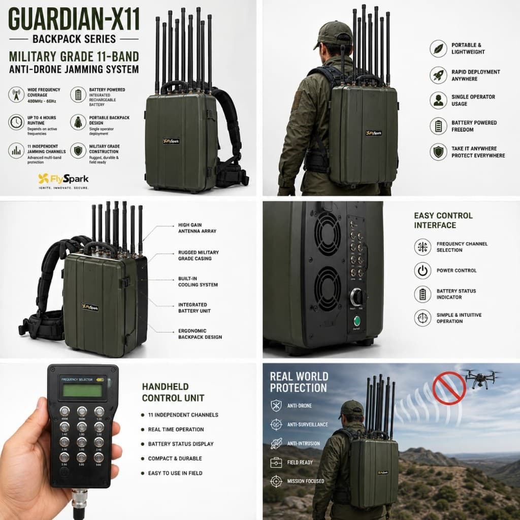 FlySpark Guardian-X11 Backpack Military Grade 11-Band Portable Anti-Drone Jamming System (330W Total RF Output | 400MHz–6GHz) — view 2