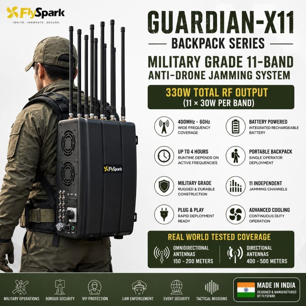FlySpark Guardian-X11 Backpack Military Grade 11-Band Portable Anti-Drone Jamming System (550W Total RF Output | 400MHz–6GHz) — view 1