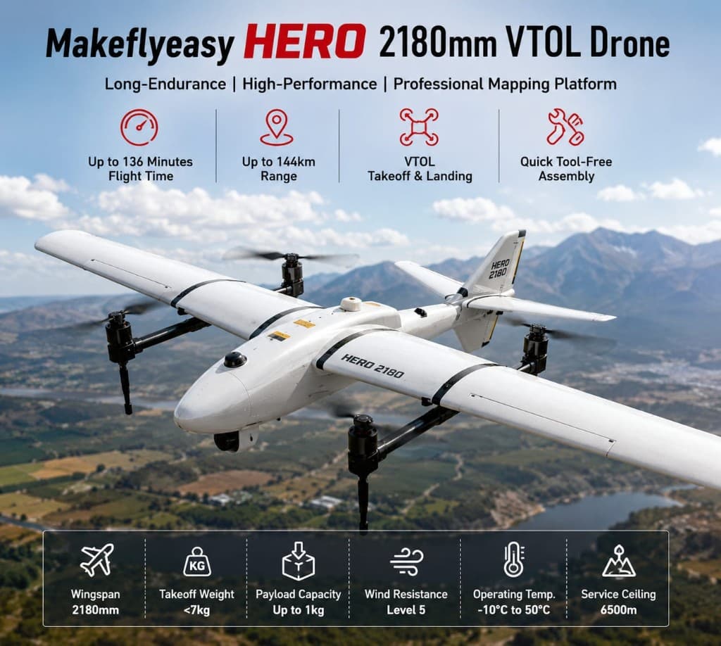 FlySpark Makeflyeasy Hero 2180mm VTOL Mapping & Survey Drone Platform | 136-Min Endurance | 144km Range | Professional Fixed-Wing VTOL UAV — view 1