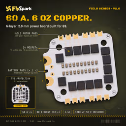 FlySpark BLS 60A V2 4-in-1 ESC FlySpark BLS 60A V2 power side with MOSFETs and gold-plated pads