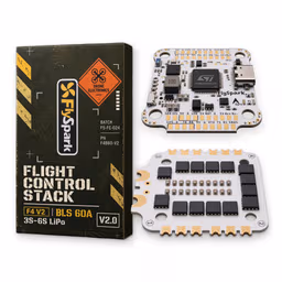 FlySpark F4 V2 BLS 60A Stack (Field Series) FlySpark F4 V2 BLS 60A Stack with white PCBs, flight controller mounted above the 4-in-1 ESC