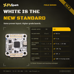 FlySpark F4 V2 BLS 60A Stack (Field Series) FlySpark F4 V2 upgrades: white solder mask, heavier copper, IPC Class 3 boards