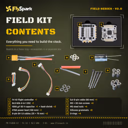 FlySpark F4 V2 BLS 60A Stack (Field Series) FlySpark F4 V2 BLS 60A Stack box contents: FC, ESC, capacitor, cables and mounting hardware