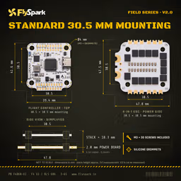 FlySpark F4 V2 BLS 60A Stack (Field Series) FlySpark F4 V2 BLS 60A Stack dimensions and 30.5 mm mounting pattern