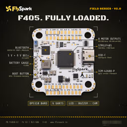 FlySpark F4 V2 BLS 60A Stack (Field Series) FlySpark F4 V2 flight controller top side with STM32F405 and USB-C