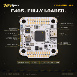 FlySpark F4 V2 Flight Controller FlySpark F4 V2 flight controller top side with STM32F405 and USB-C
