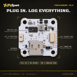 FlySpark F4 V2 Flight Controller FlySpark F4 V2 flight controller bottom side with microSD slot and connectors