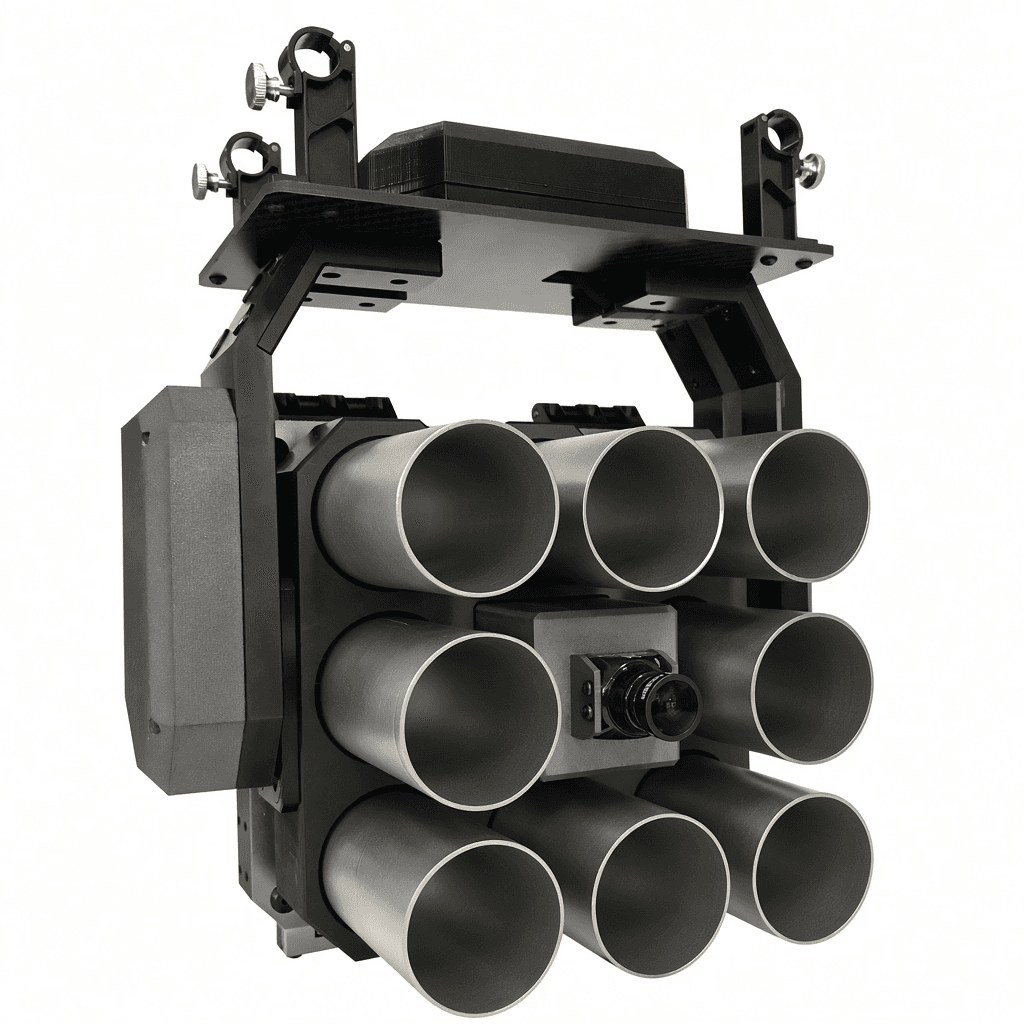 FlySpark 8-Tube Drone Tear Gas Launcher, Less-Lethal Police Drone Payload | 38mm, 8 Cartridges, Electric Firing, 800m PWM Release, DC 12–28V & 3.85kg Quick-Release Mount — view 1