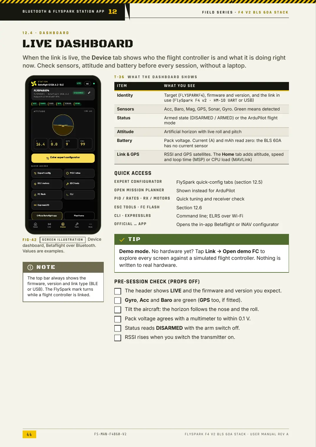 FlySpark F4 V2 BLS 60A Stack — User Manual, page 44