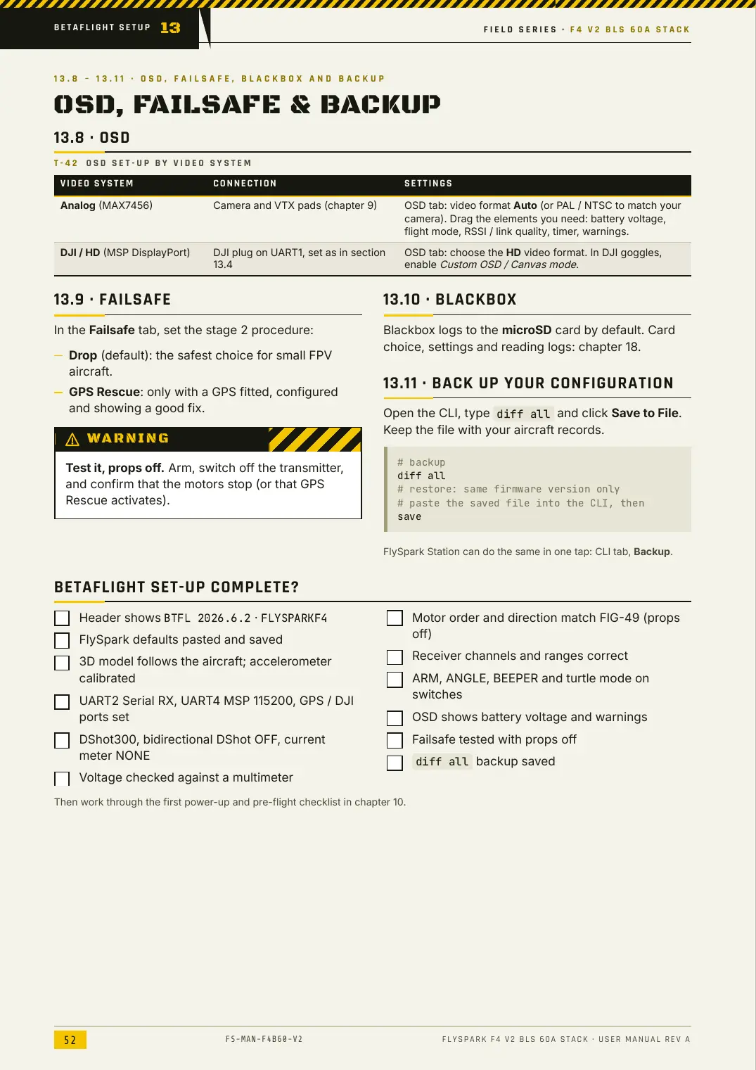 FlySpark F4 V2 BLS 60A Stack — User Manual, page 52