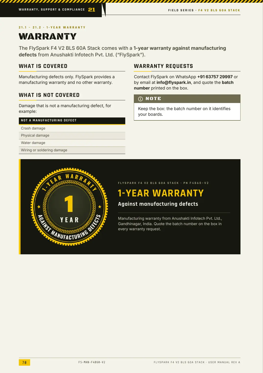 FlySpark F4 V2 BLS 60A Stack — User Manual, page 70