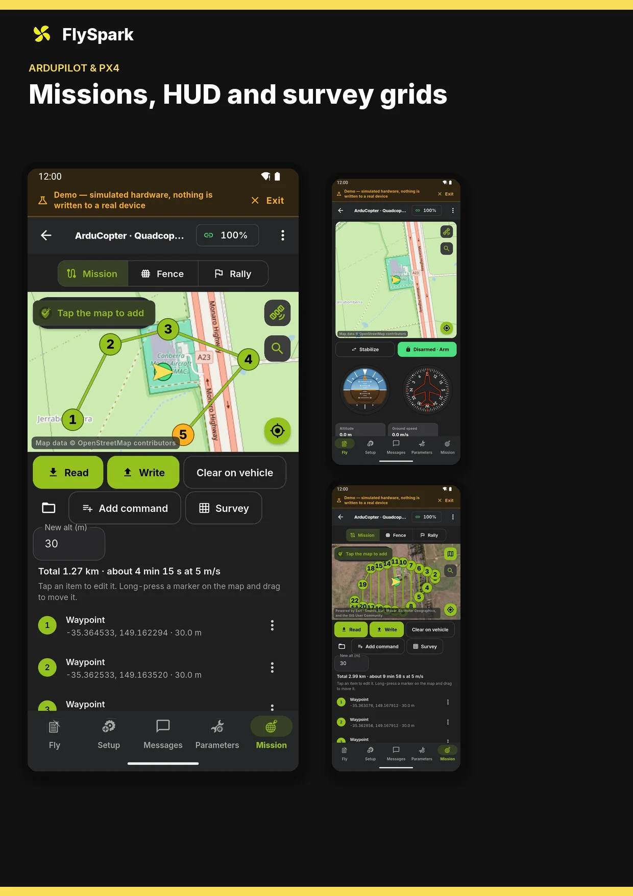 A4: ArduPilot missions, HUD and survey