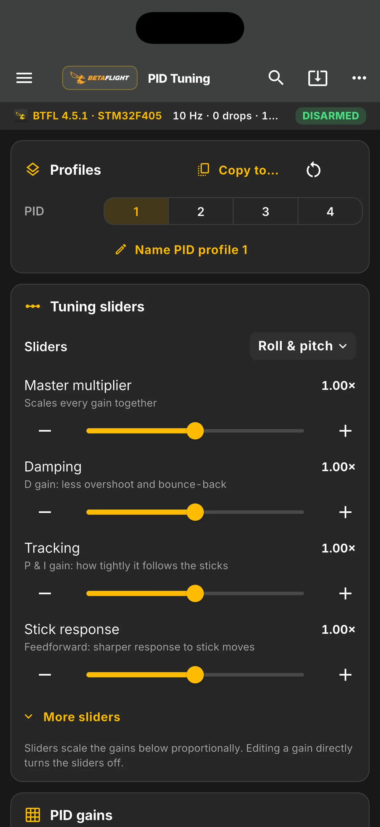PID tuning on iPhone in FlySpark Configurator