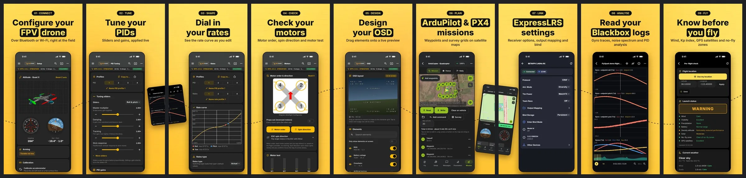 Nine FlySpark Configurator iPhone screens from the App Store