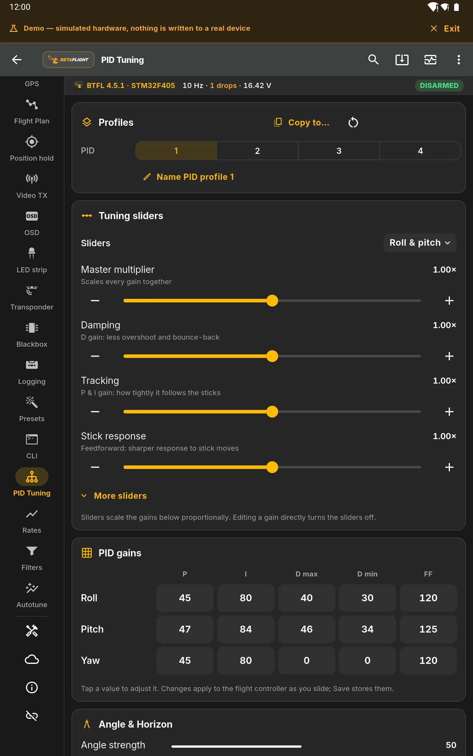 PID tuning on a tablet in FlySpark Configurator