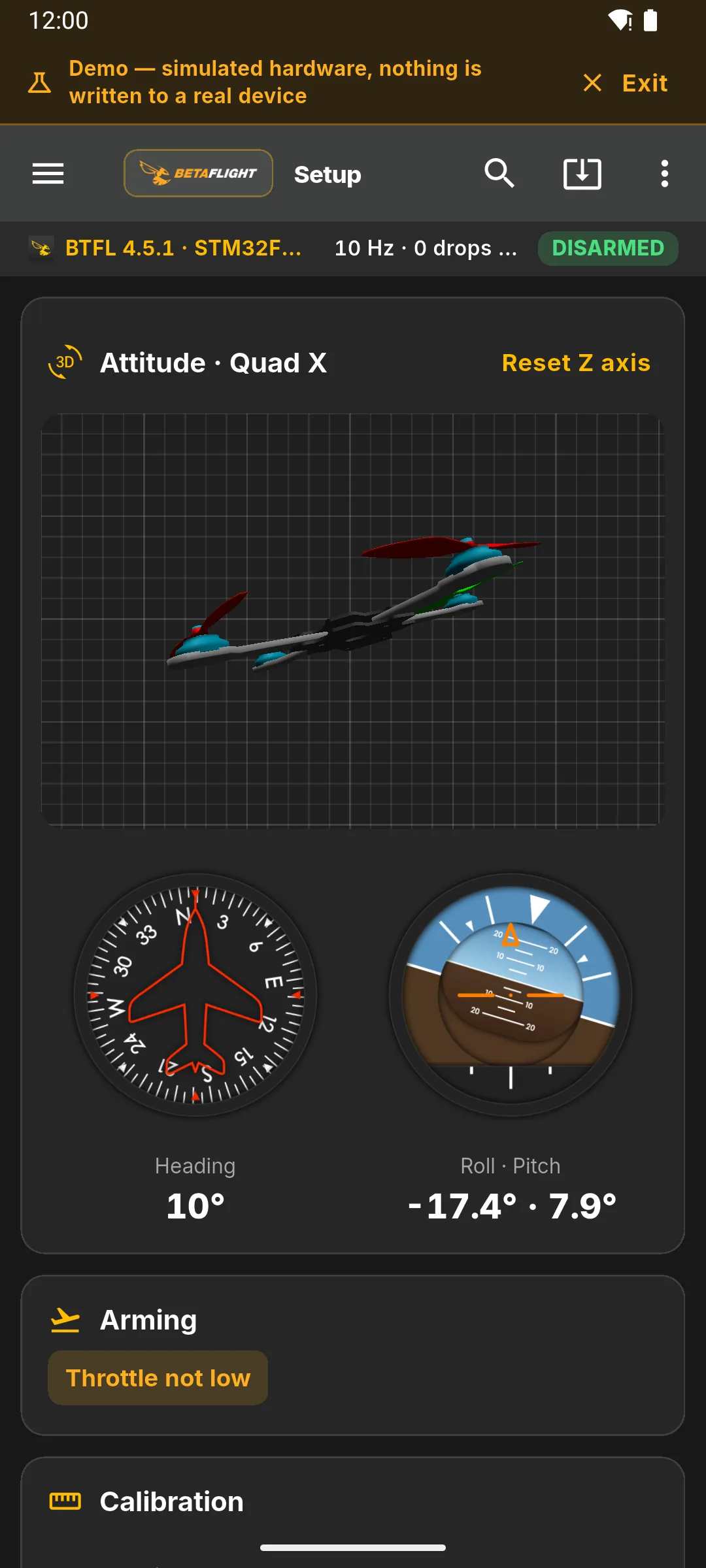 Betaflight setup with a live 3D quad, compass and artificial horizon