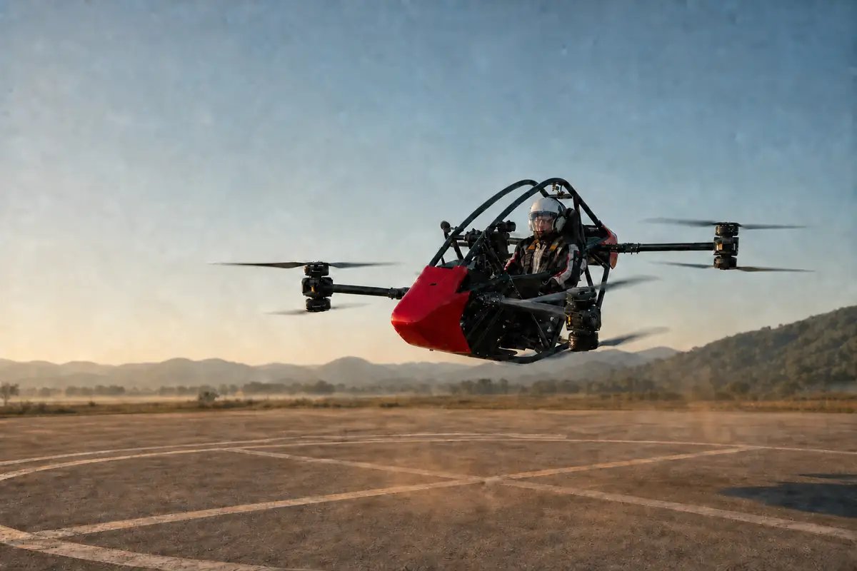 FlySpark AL-80 single-seat eVTOL hovering low over a marked training pad with the pilot seated inside the protective frame