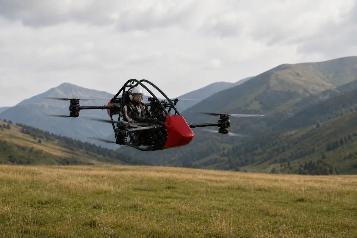 FlySpark AL-80 personal aerial vehicle in low-altitude flight over broad approved open terrain in daylight