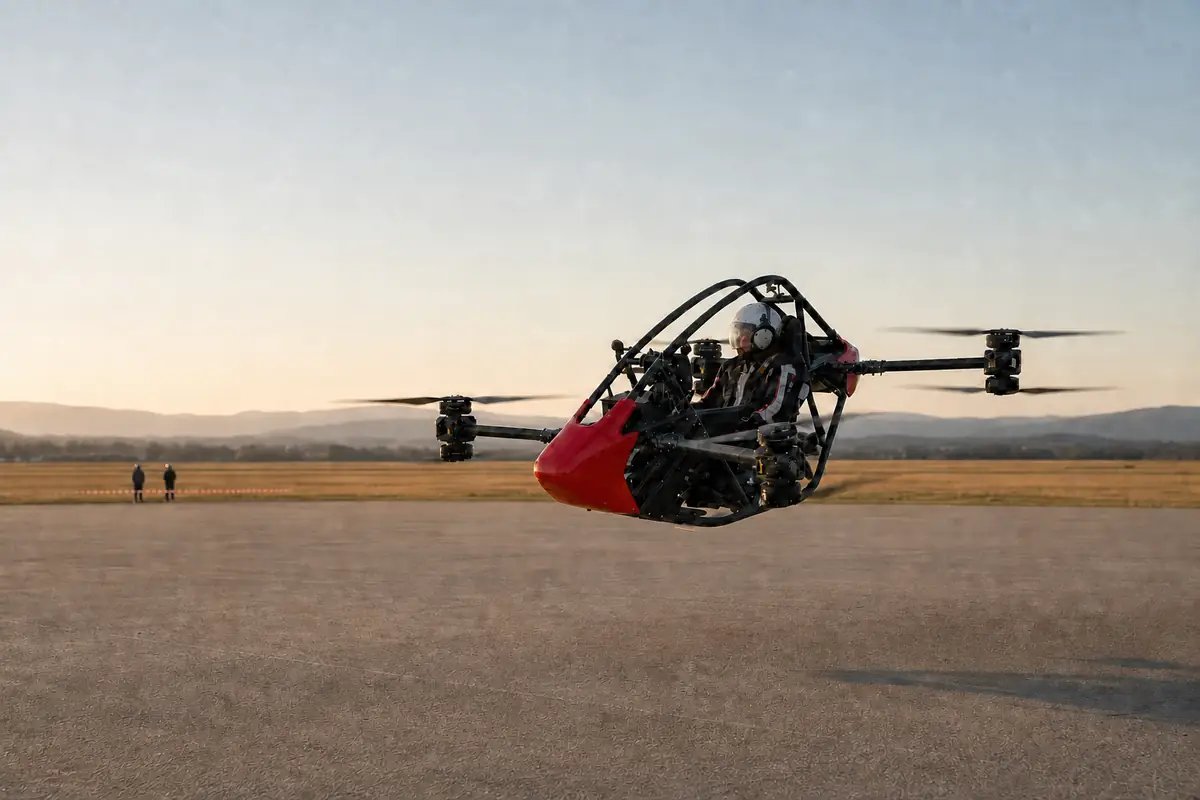 FlySpark AL-120 manned multirotor during an evaluation flight at a private test site with observers behind the safety perimeter