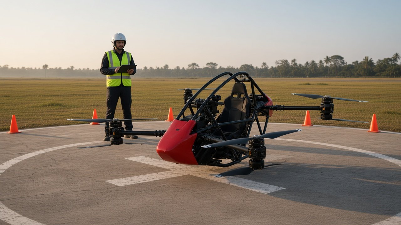 FlySpark AL-80 single-seat eVTOL pre-flight walk-around on a coned training pad at an open airfield