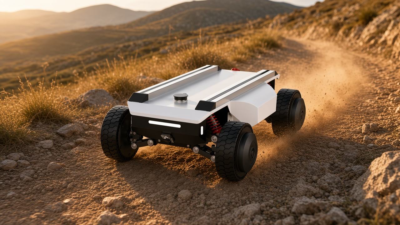 FlySpark AM400 Ackermann-steering UGV driving along a gravel hillside trail with independent suspension