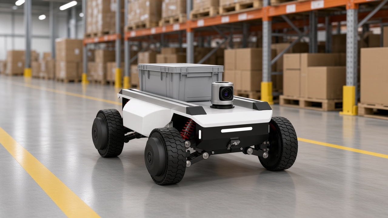 FlySpark AM400 carrying a parcel tote and camera through a warehouse aisle for intra-logistics