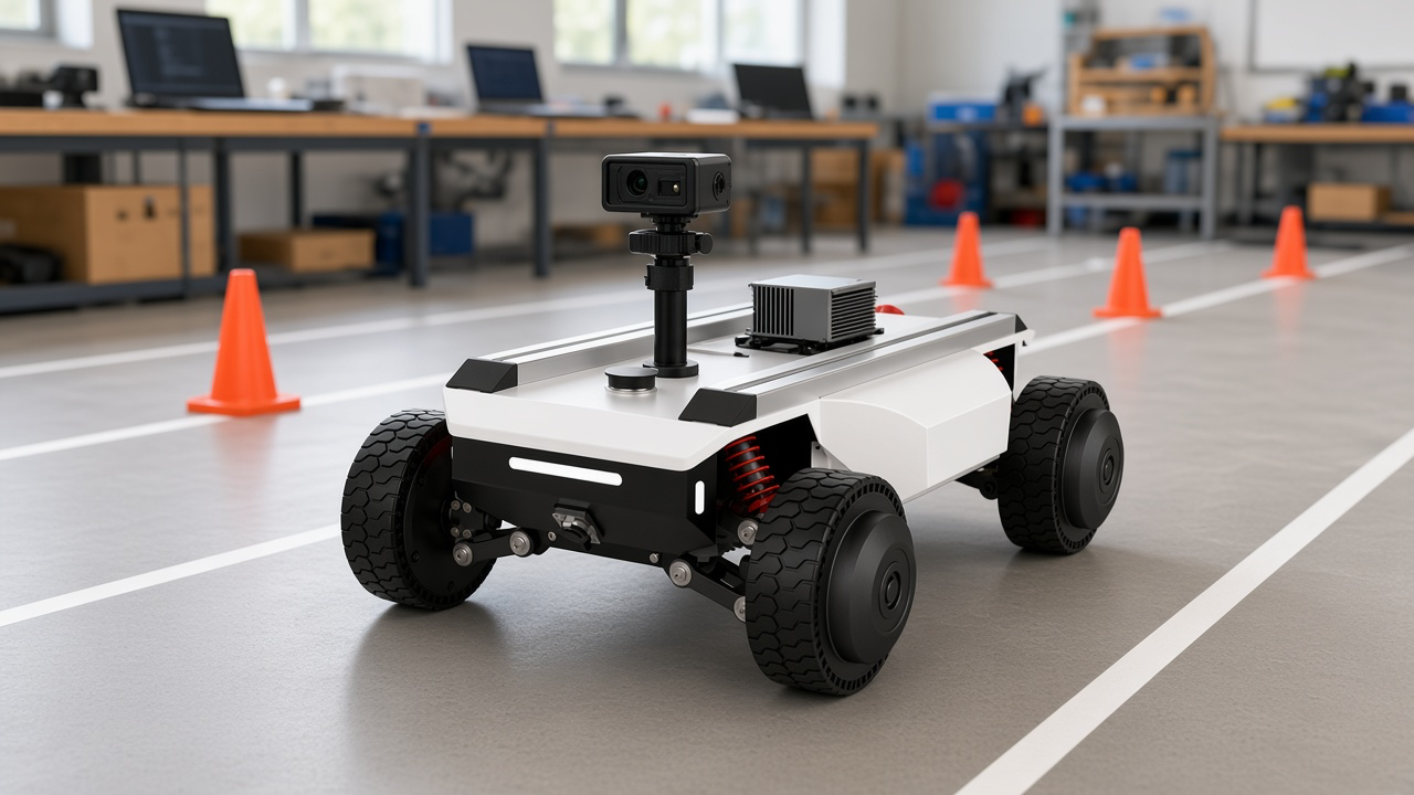 FlySpark AM400 fitted with depth camera, lidar and onboard computer on a university autonomous-driving test track