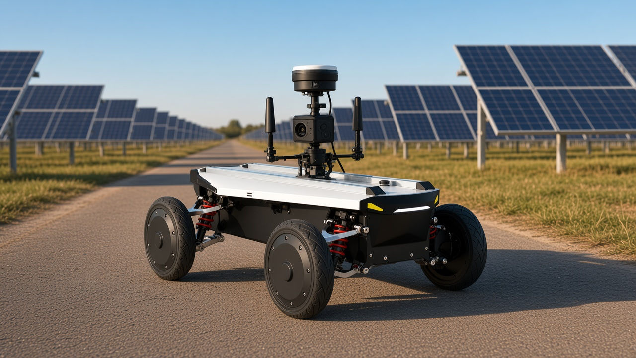 FlySpark AM600 UGV fitted with a lidar, camera and GNSS sensor mast inspecting a solar farm