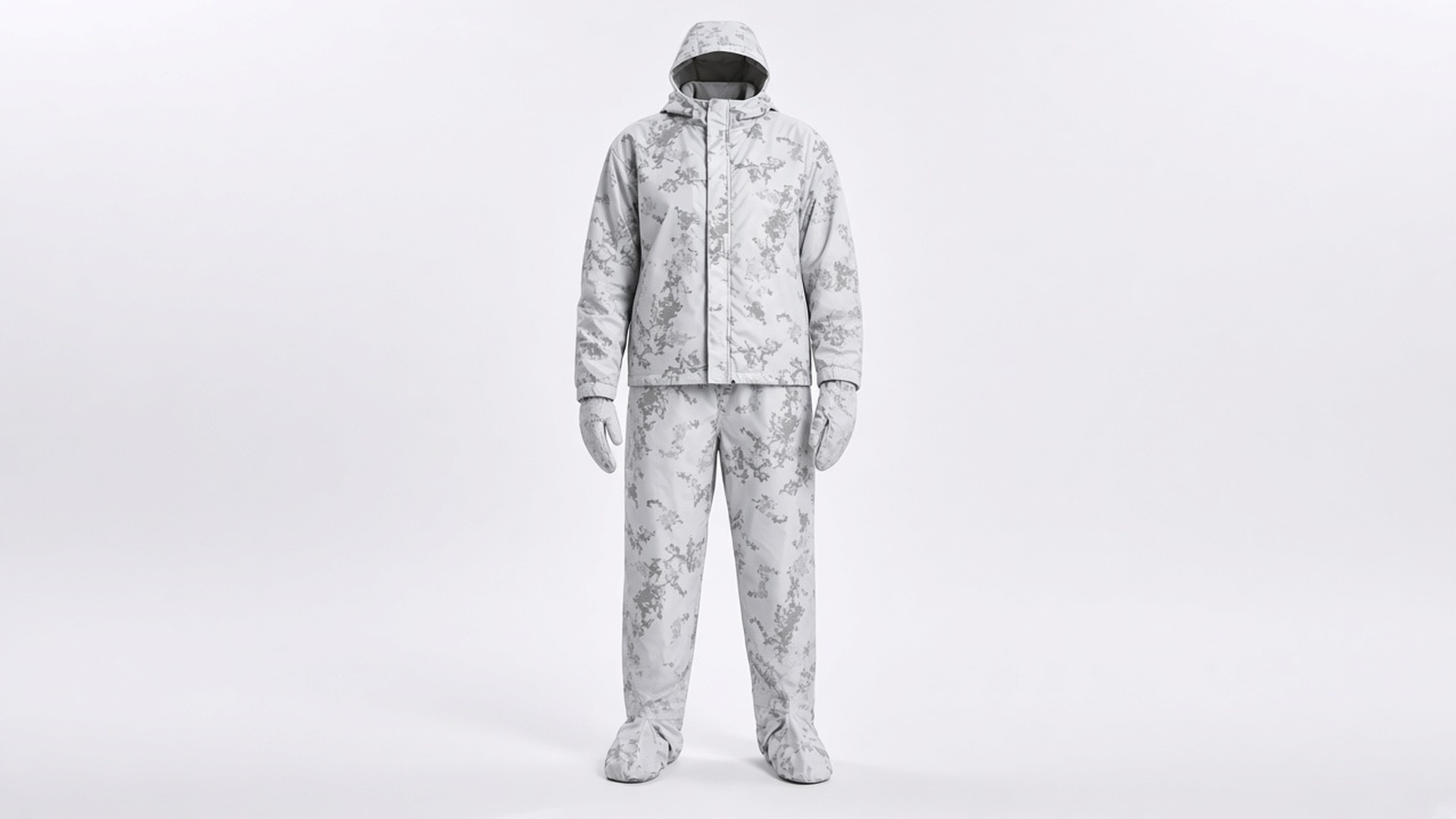FlySpark anti-thermal camouflage suit in standard snow digital camo – hooded jacket, trousers, mittens and overboots, front view