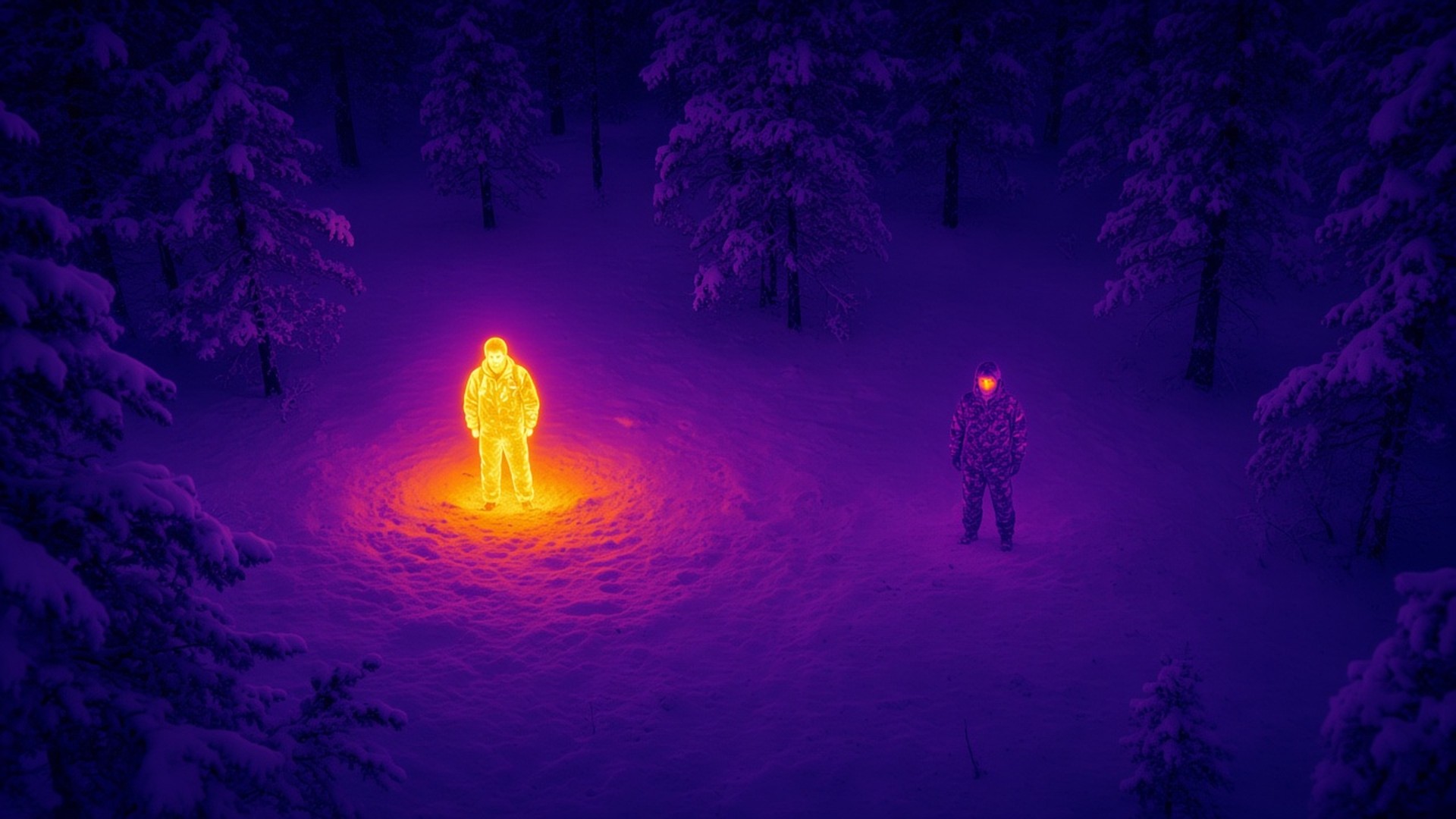 Drone thermal camera view of a snowy forest – a soldier in normal clothing glows bright while a soldier in the FlySpark anti-thermal suit almost blends into the cold background