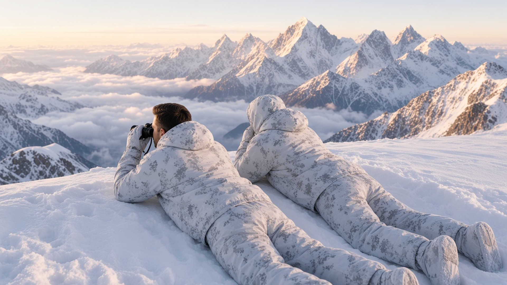 Two soldiers in FlySpark anti-thermal snow camouflage suits at a high-altitude Himalayan observation post at dawn, observing the valley with binoculars