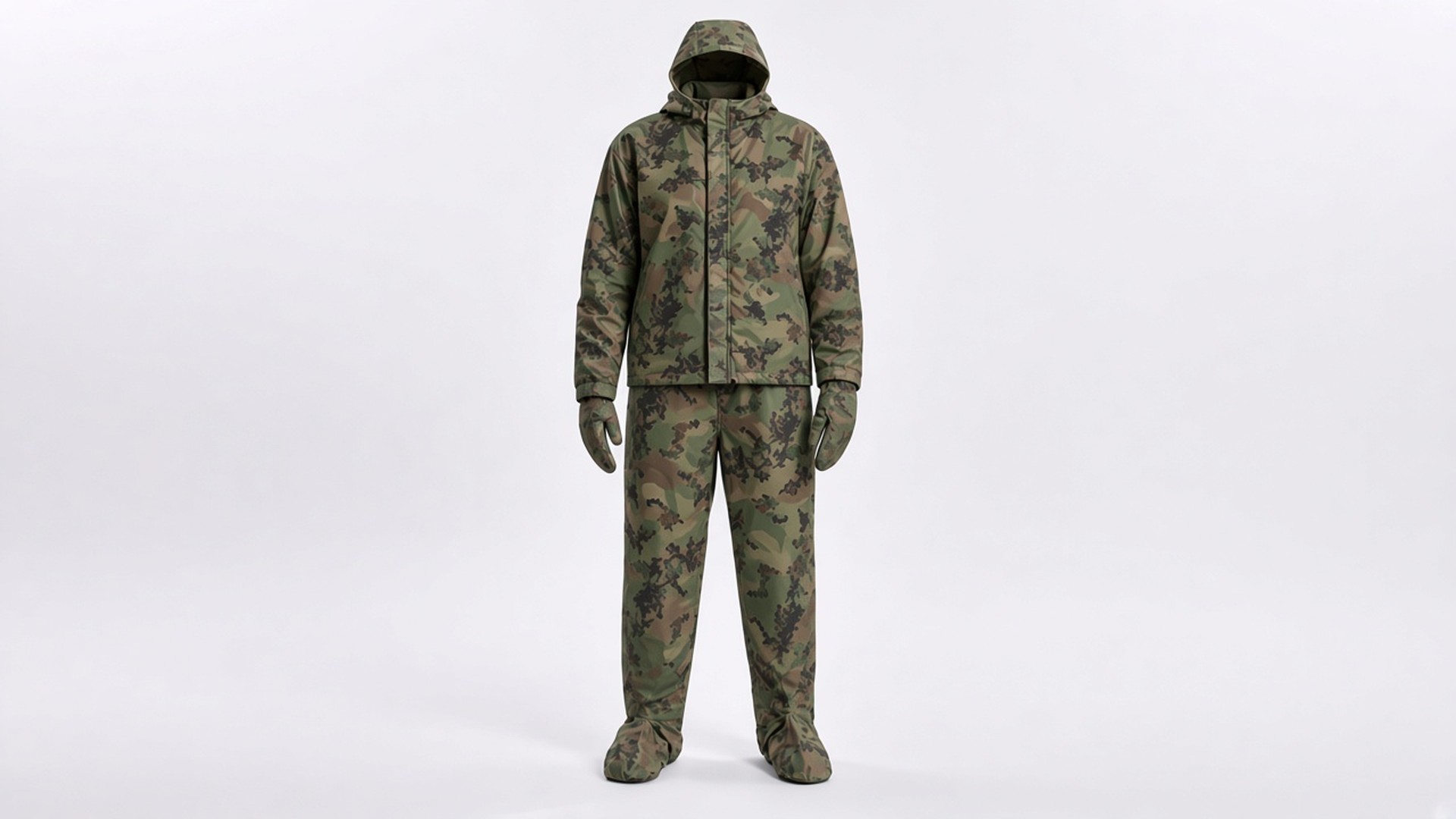 FlySpark anti-thermal camouflage suit in woodland green camo (custom pattern) – hooded jacket, trousers, mittens and overboots, front view
